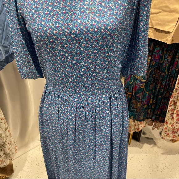 Vintage blue floral retro 60’s-70’s dress lace pockets midi milkmaid prairie - Picture 5 of 15